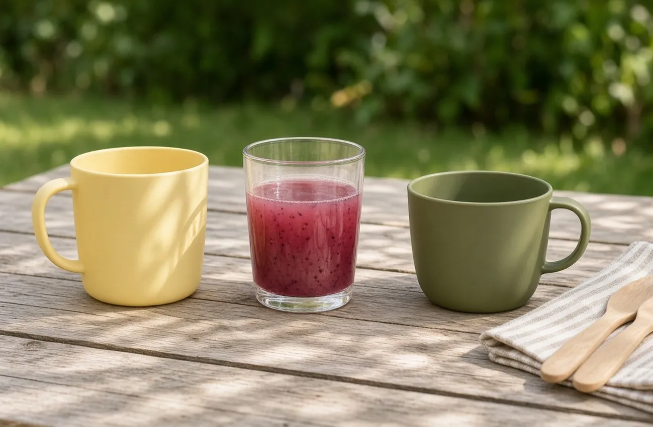 Barnmugg, dricksglas med saft och campingkåsa på utebord i solljus