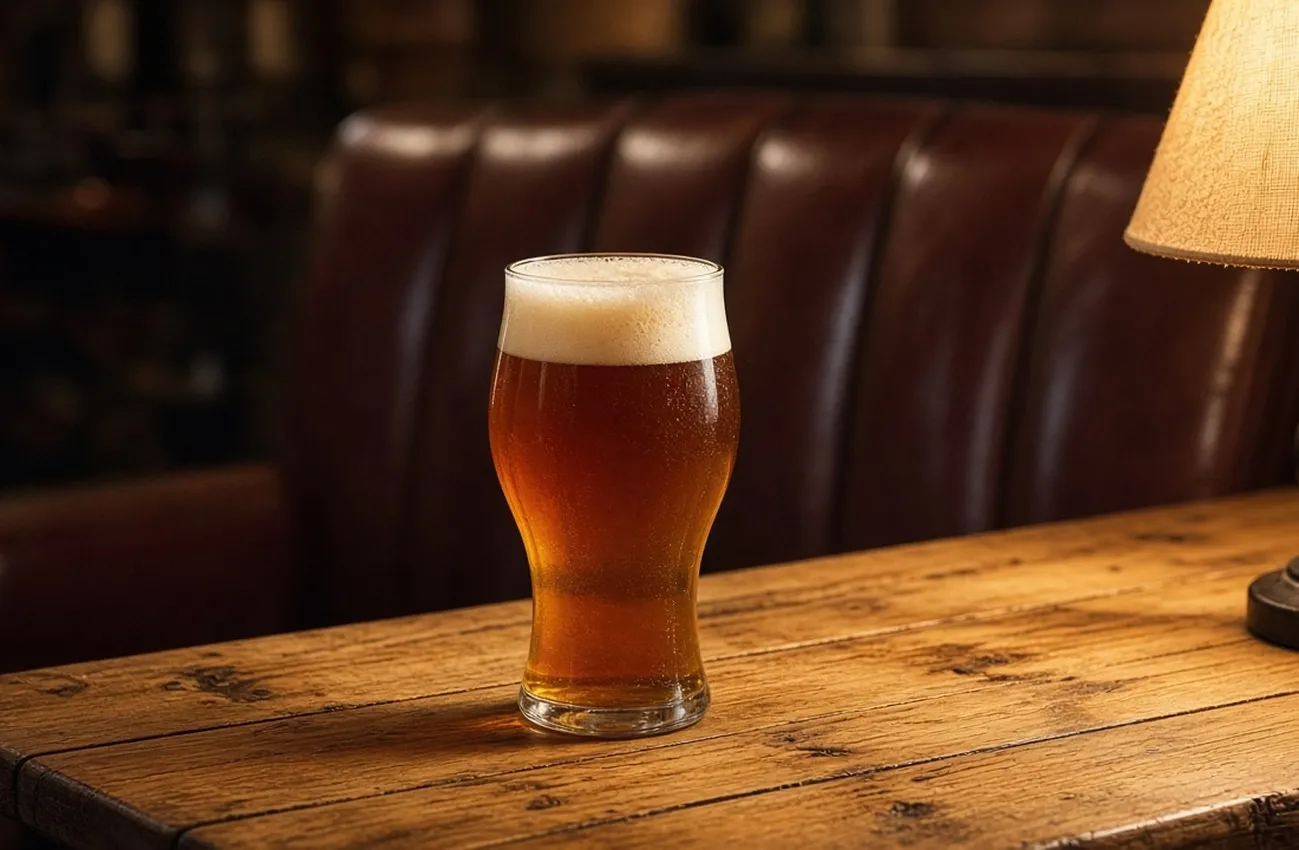 Ale i tulpanformat ölglas på rustikt furubord