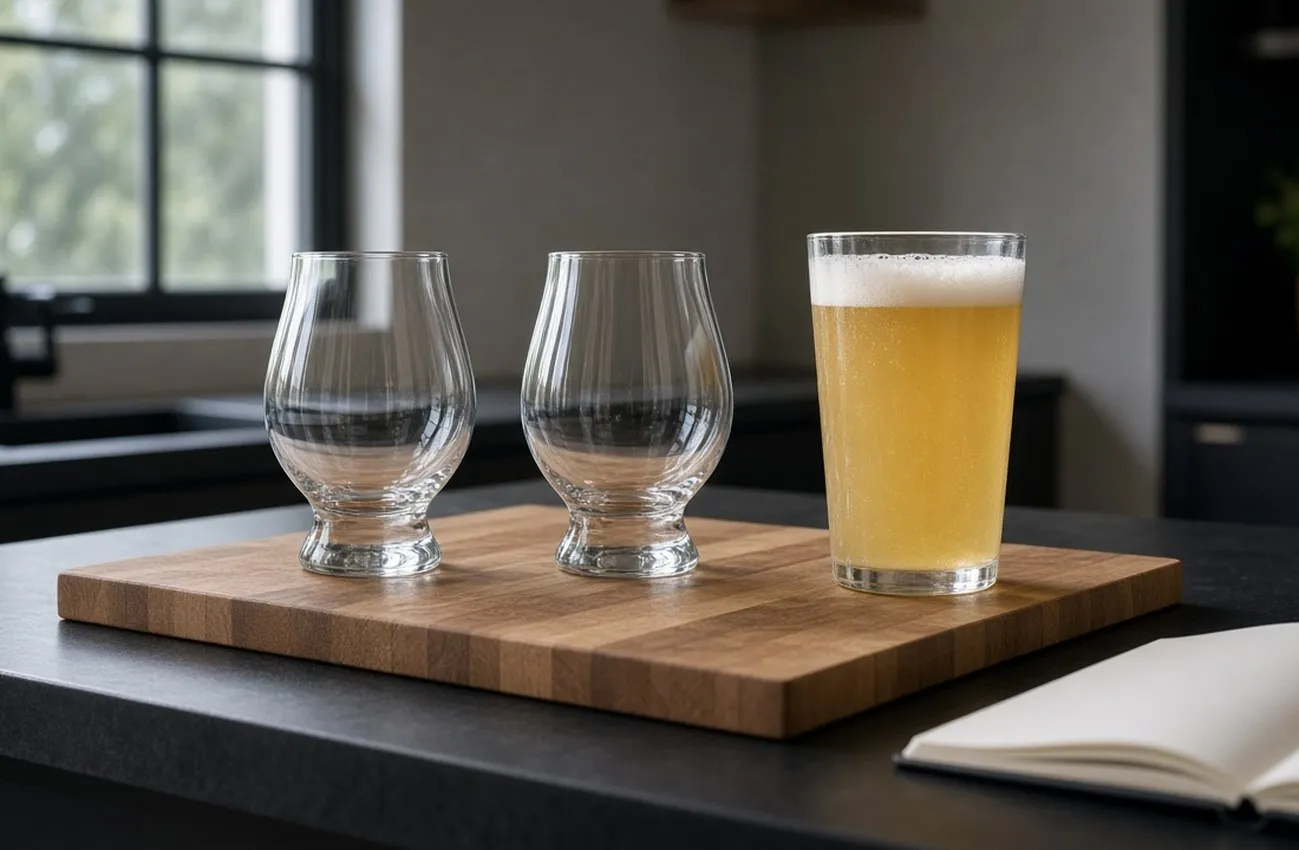 Ölprovningsglas på svart köksö med träinsats