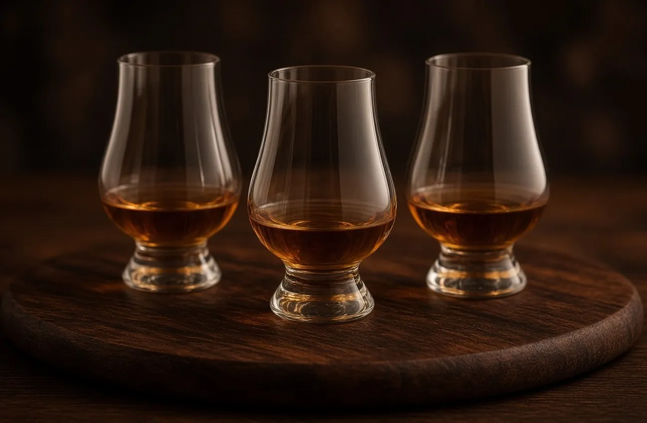 Whiskyprovningsglas med amber whisky på rund valnötsbricka