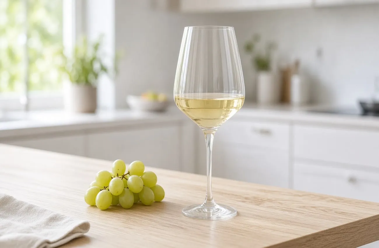 Vittvinsglas med ljust vin på ljus björkdisk med gröna vindruvor i svalt morgonljus