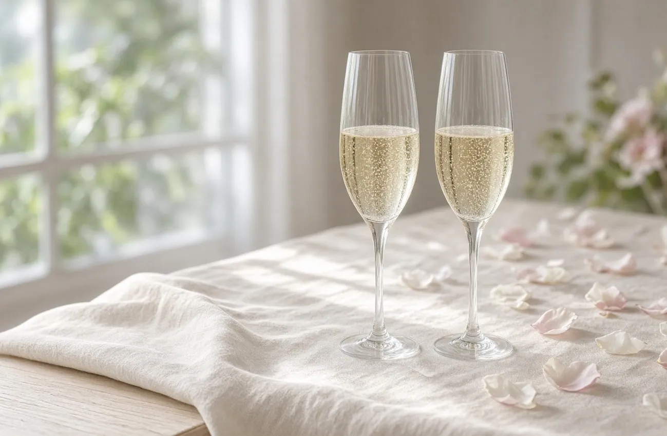 Två champagneglas med bubbel på linneduk i ljust fönsterljus