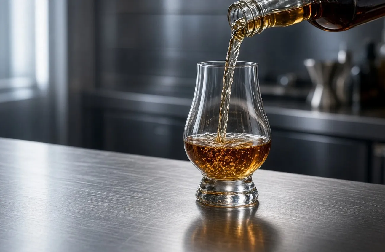 Whisky som hälls i tulpanformat whiskyglas på stålbar