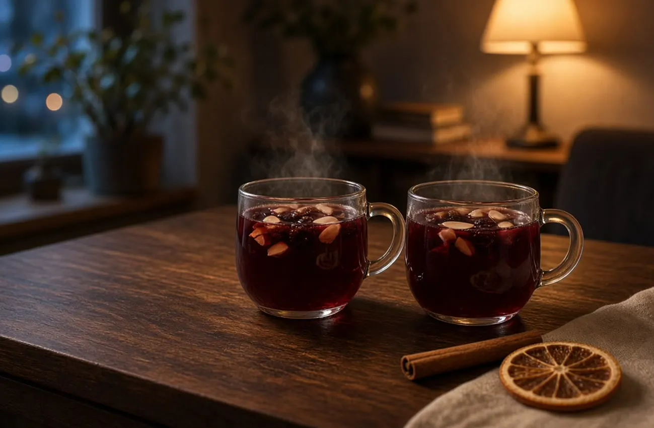 Små glöggglas med varm glögg på mörkt valnötsbord i mjukt vinterljus
