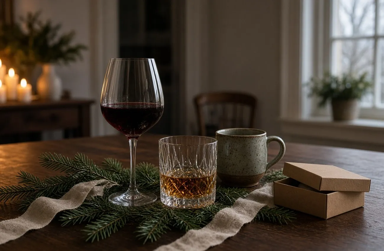 Vinglas, whiskytumbler och mugg på valnötsbord med granris, band och presentask i mjukt juljus