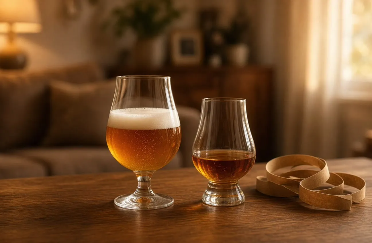 Tulpanölglas och whiskyprovarglas på valnötsmöbel med presentband i varmt ljus