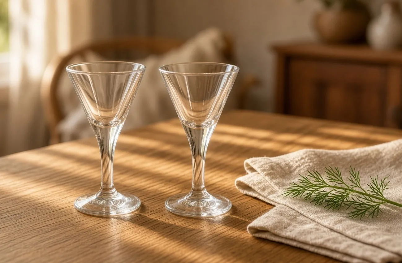 Klassiska snapsglas på fot på ekbord med linduk och dillkvist i varmt sidoljus