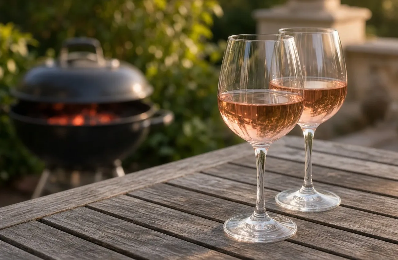 Akrylvinglas med rosé på teakträdgårdsbord vid grill i gyllene kvällsljus