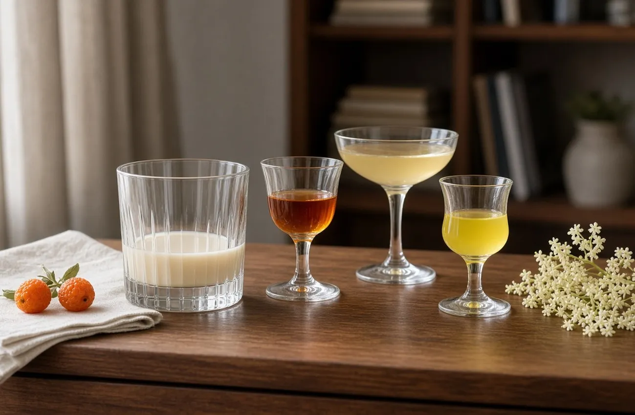 Rocksglas, litet fotglas, coupe och digestiveglas med likör på valnötsyta i mjukt fönsterljus