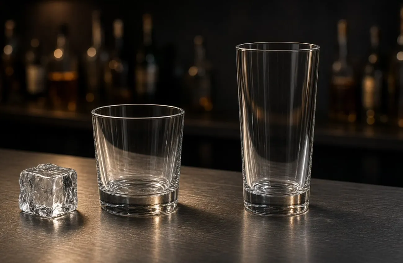 Tumbler och highballglas sida vid sida på mörk metallbar-yta