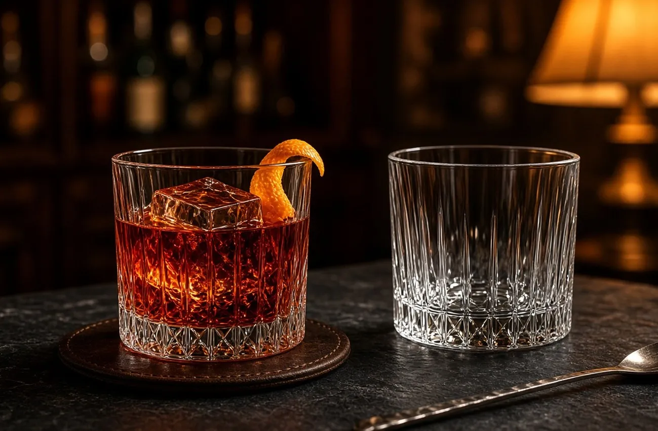 Två rocksglas med bärnstensfärgade drinkar och stor is på mörk skifferyta