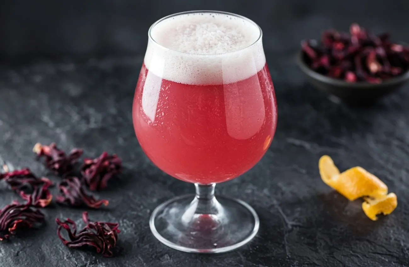 Tulpanformat ölglas med rosa suröl och skum på svart skifferyta