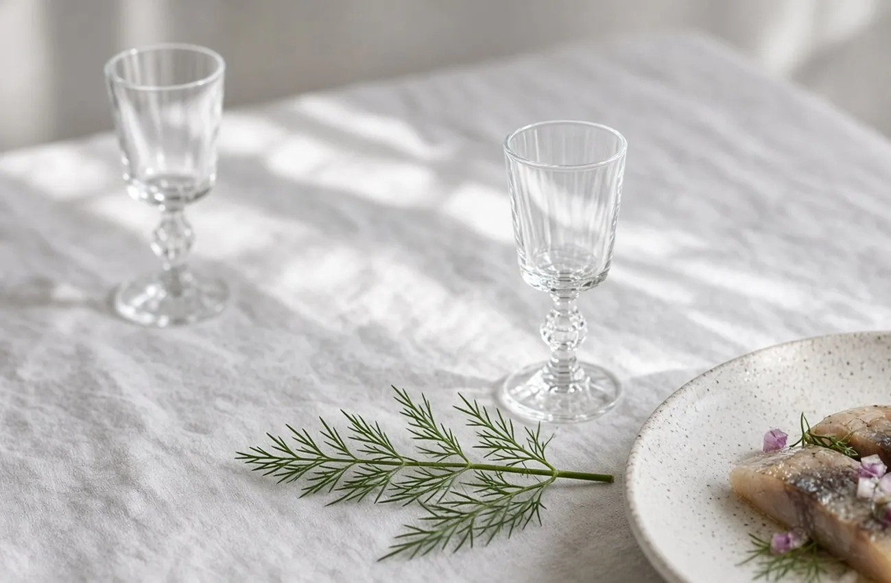 Snapsglas på vit linneduk med dillkvist och silltallrik i mjukt fönsterljus