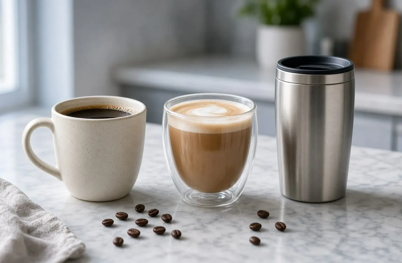 Keramikmugg, dubbelväggig glasmugg och ståltermomugg på marmorbänk i morgonljus