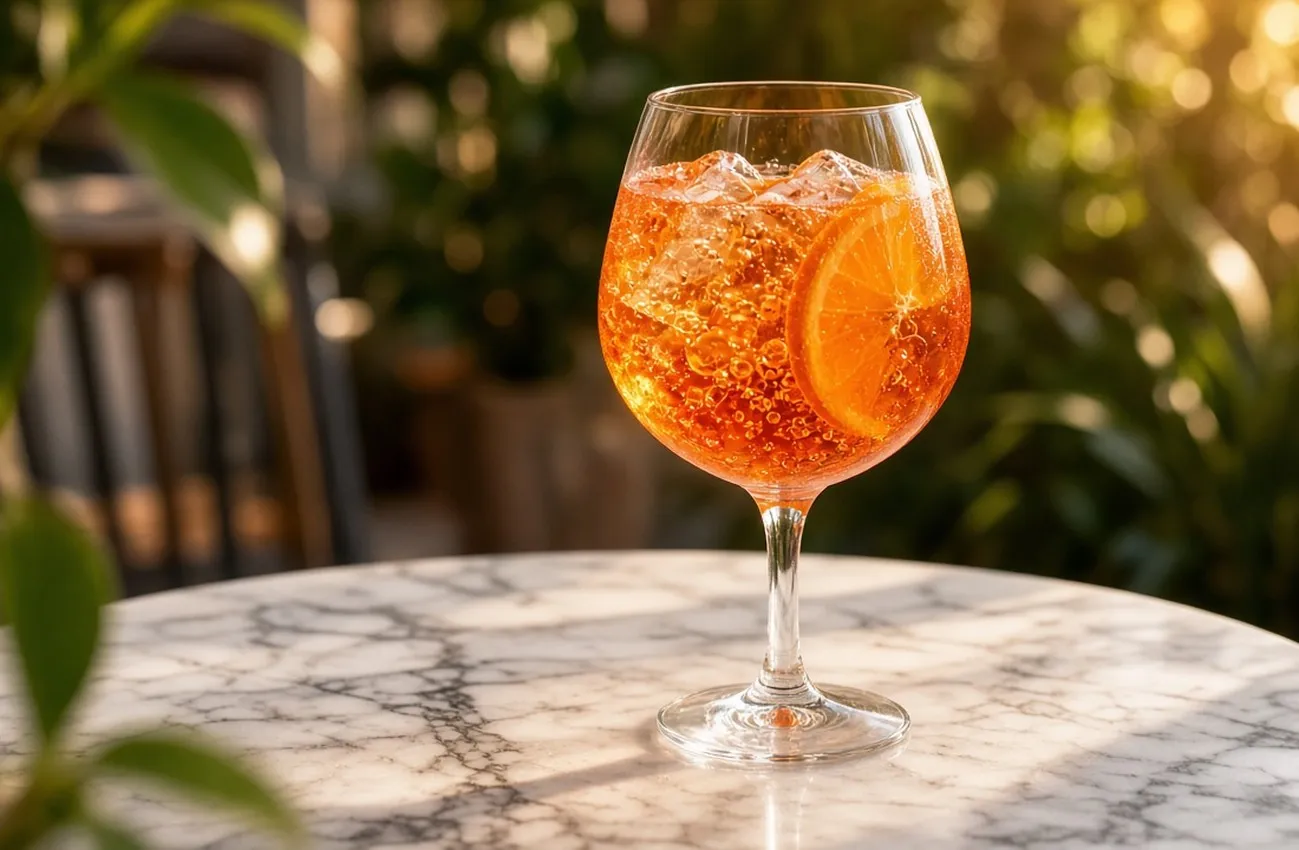 Aperol spritz i stort fotglas med apelsinskiva på vit marmor ute i eftermiddagssol