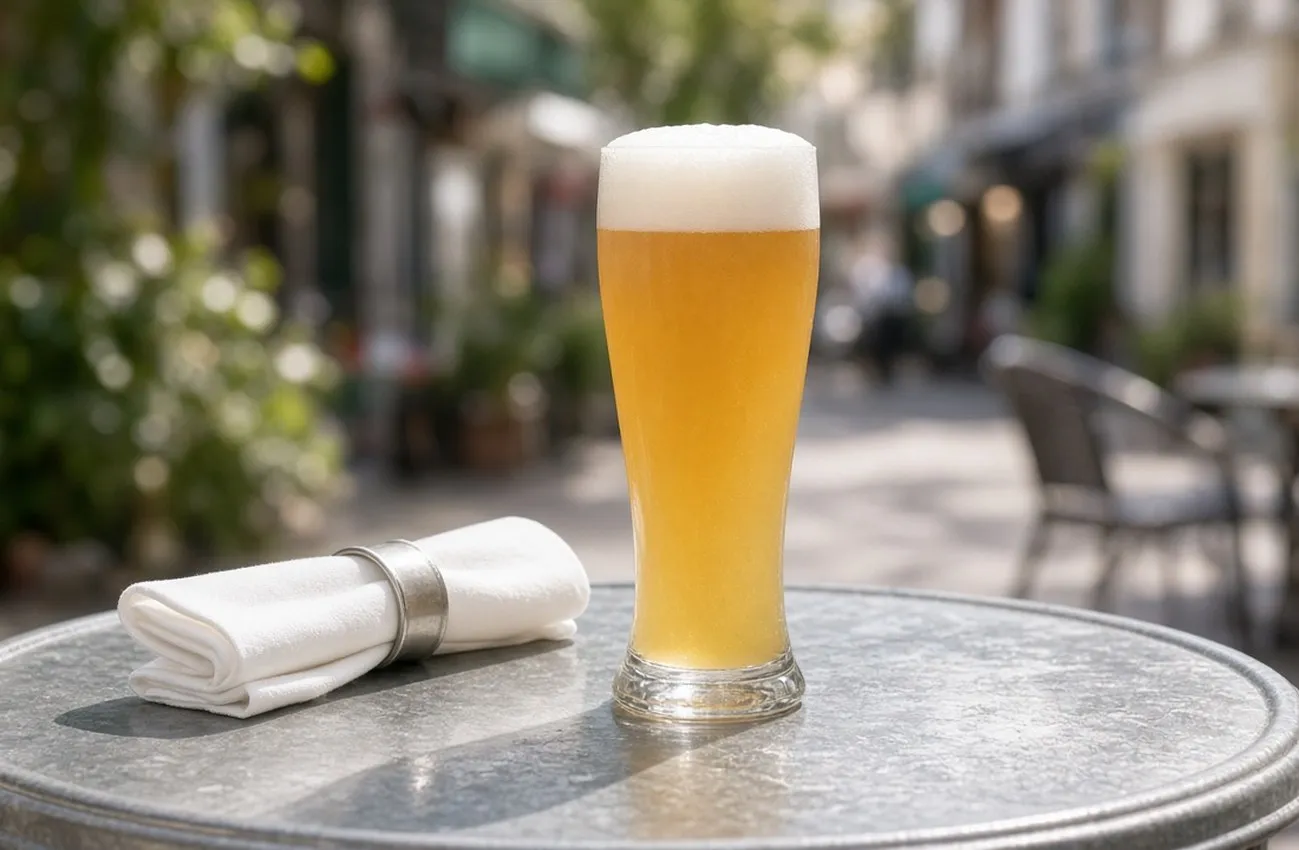 Veteöl i högt weissbierglas på zinkbord utomhus