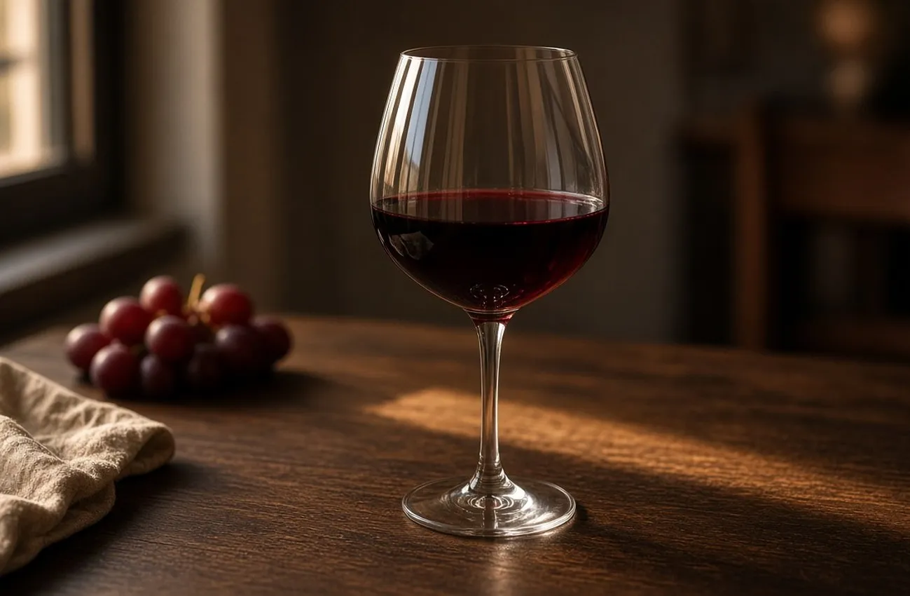 Rött vin i Bordeauxglas på mörkt valnötsbord med linneservett