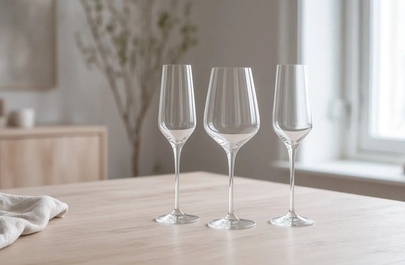 Klara anonyma vinglas och champagneglas på ljust björkbord i sidoljus
