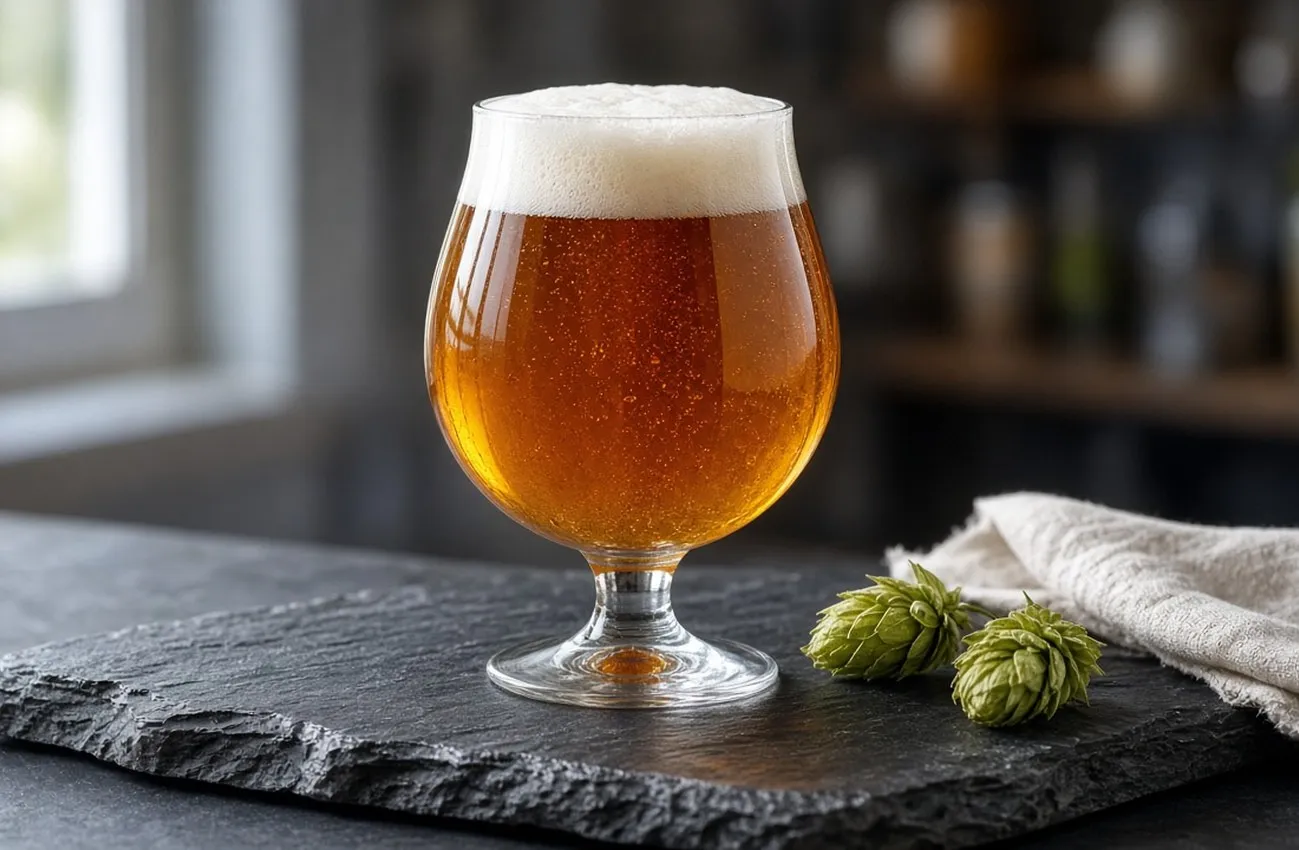 IPA i tulpanformat ölglas på skifferplatta med humlekottar i sidoljus