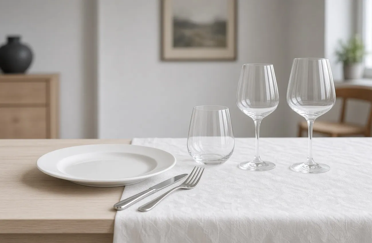 Formell kuvertdukning med vattenglas och vinglas på ljus björkyta och vit damastduk