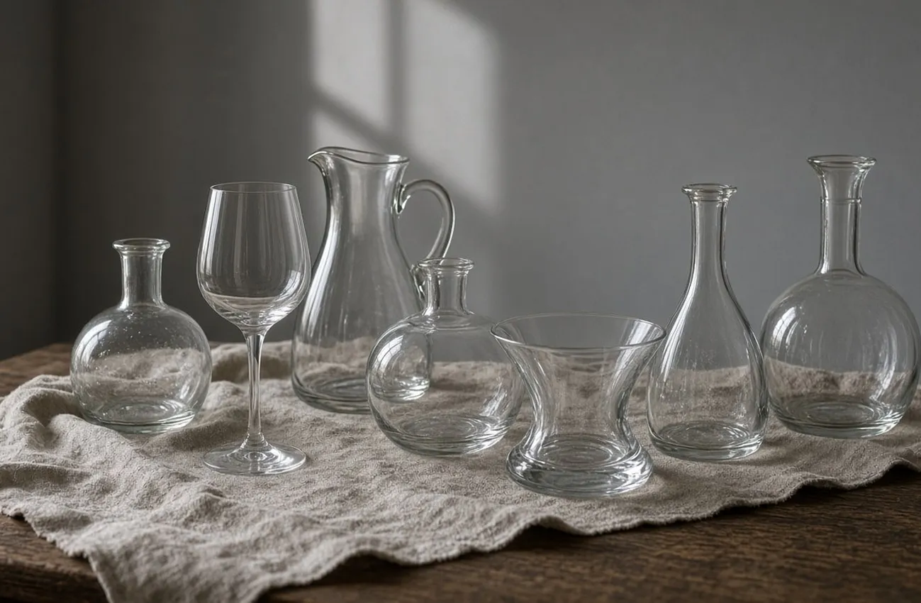 Klara handblåsta glas på linnetyg över ekbord i museiljus