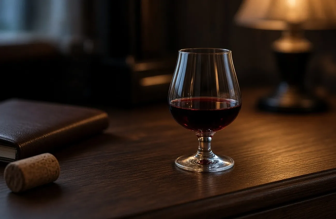 Litet fotglas med rubinrött portvin på mörk valnötsyta i varm lampljus