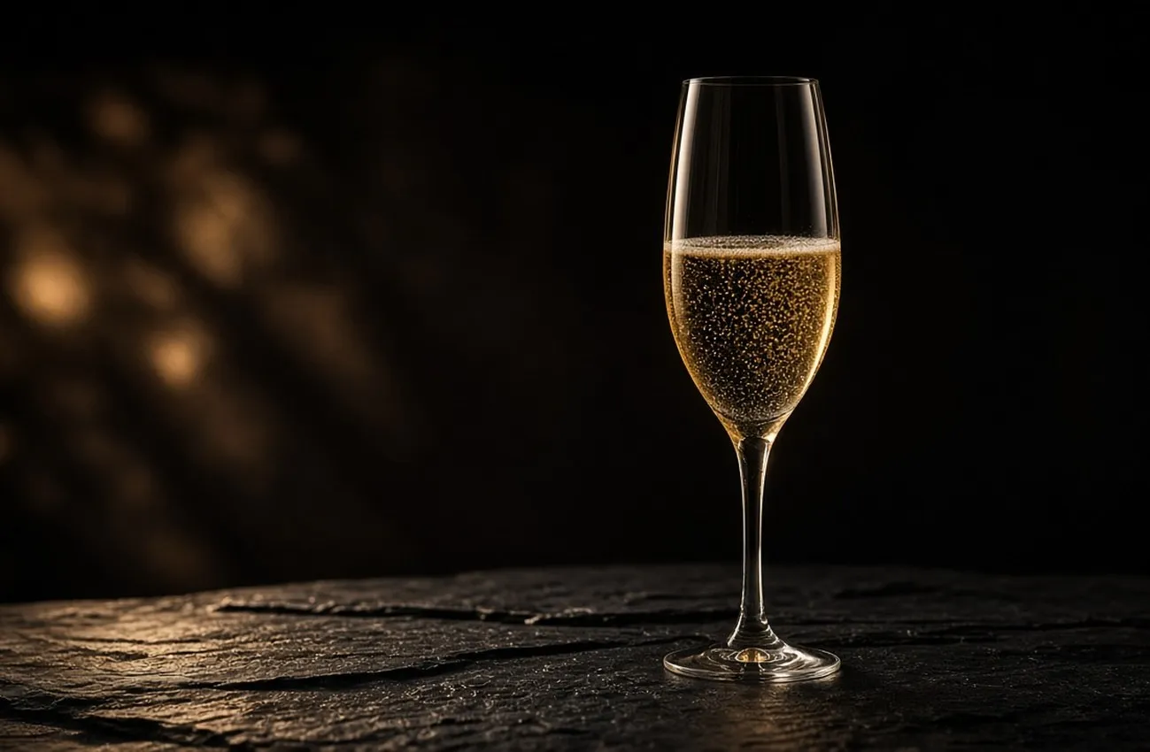 Champagneflute med gyllene bubbelvin på svart skifferyta