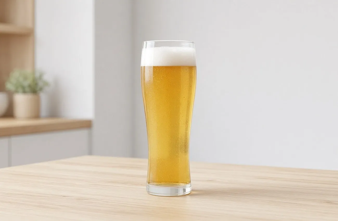 Ljus lager i högt pilsnerglas på ljust björkbord