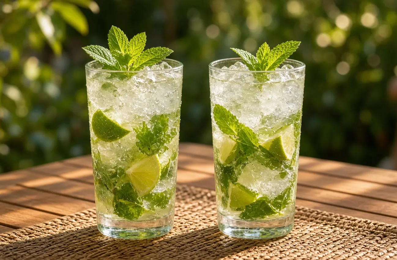 Två highballglas med krossad is, mynta och lime på teakbord ute i eftermiddagsljus