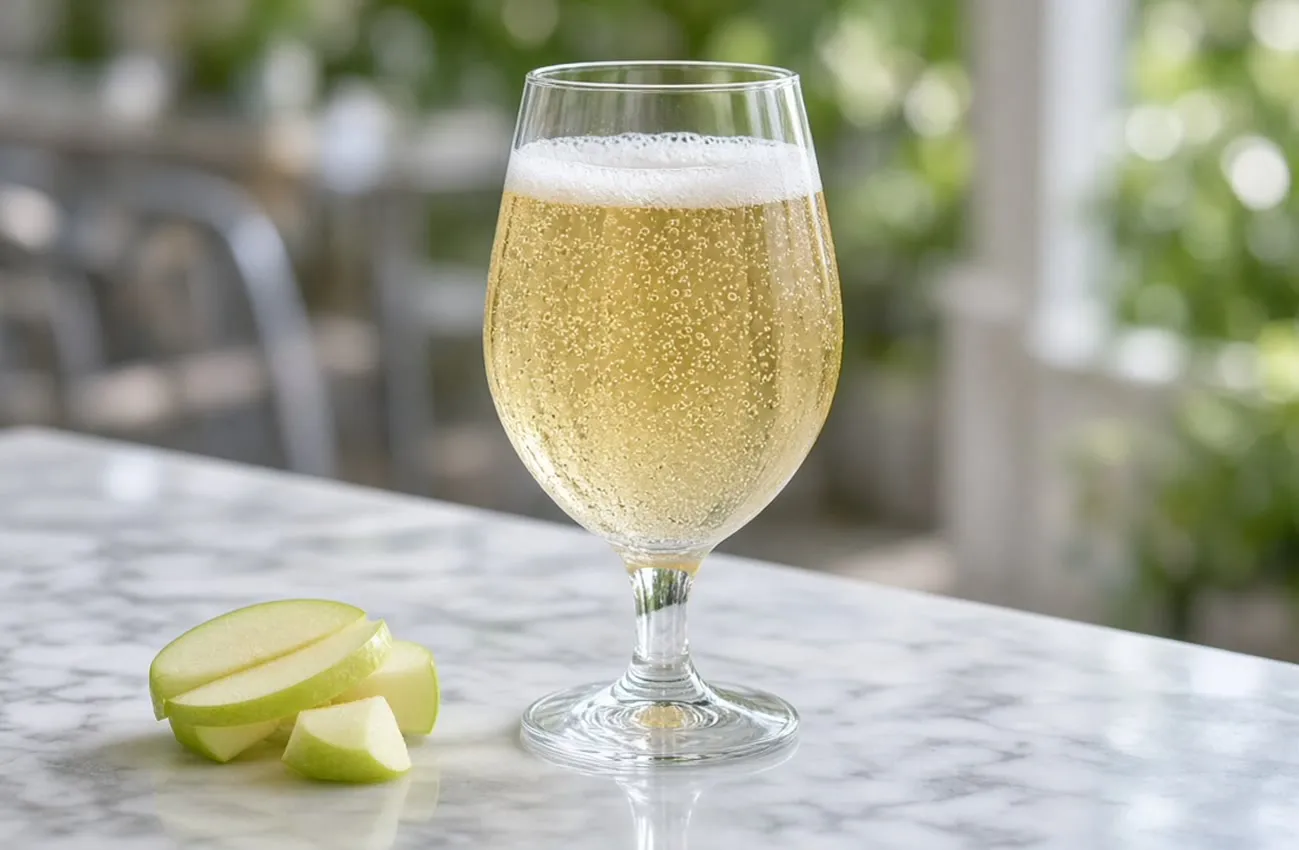 Tulpanformat ciderglas med gyllene cider på ljus marmor i dagsljus