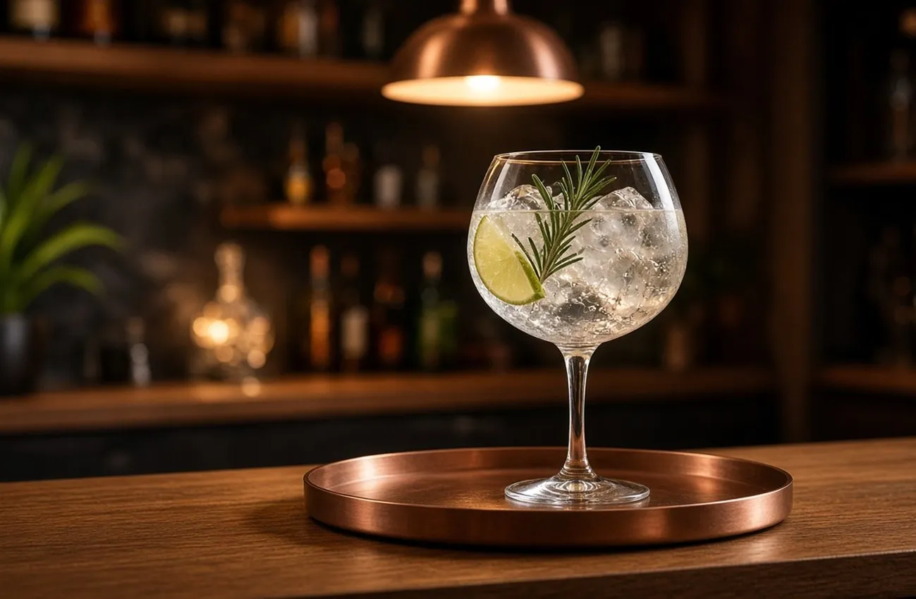 Copa-glas med gin och tonic på kopparbricka och ekbord