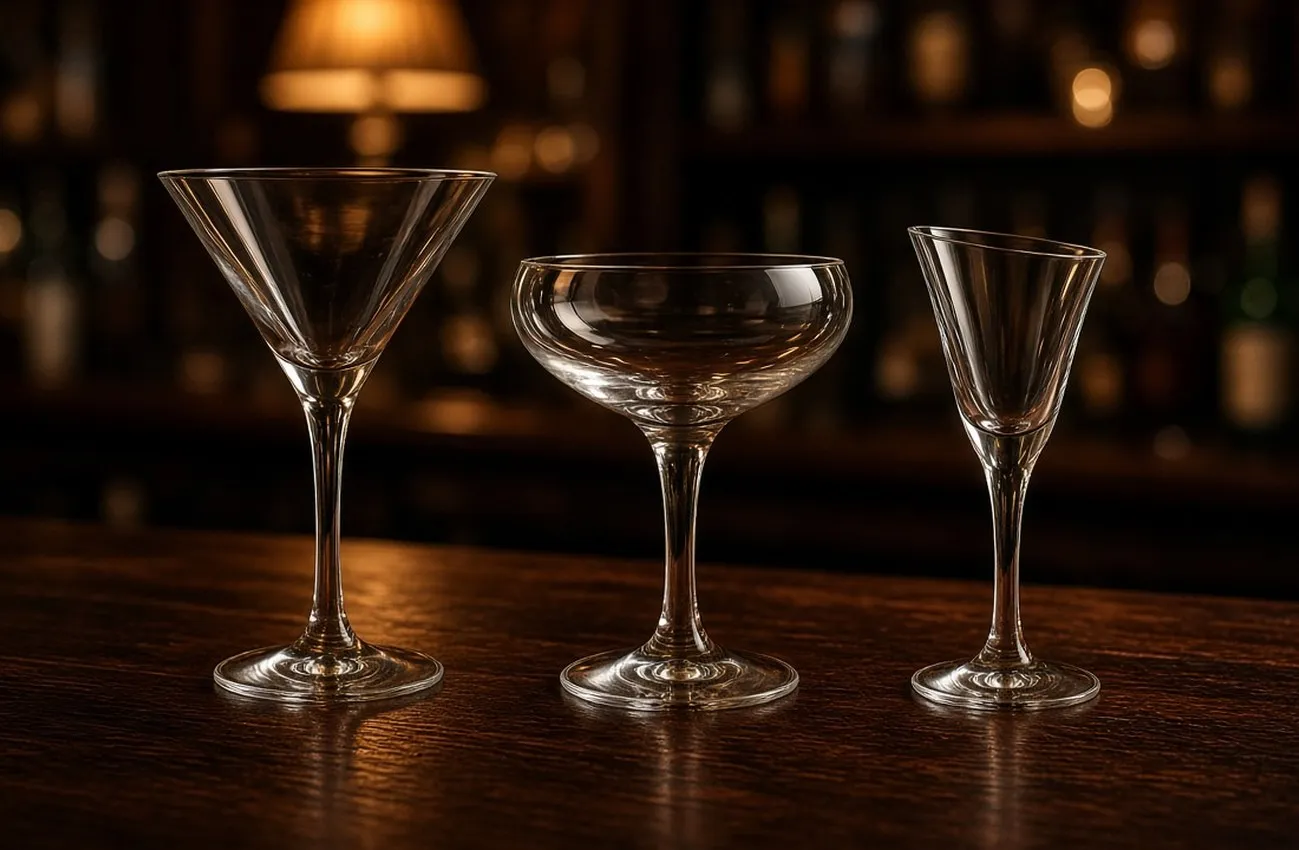 Martini, coupe och Nick & Nora-glas på mörk bänkskiva under varm barlampa
