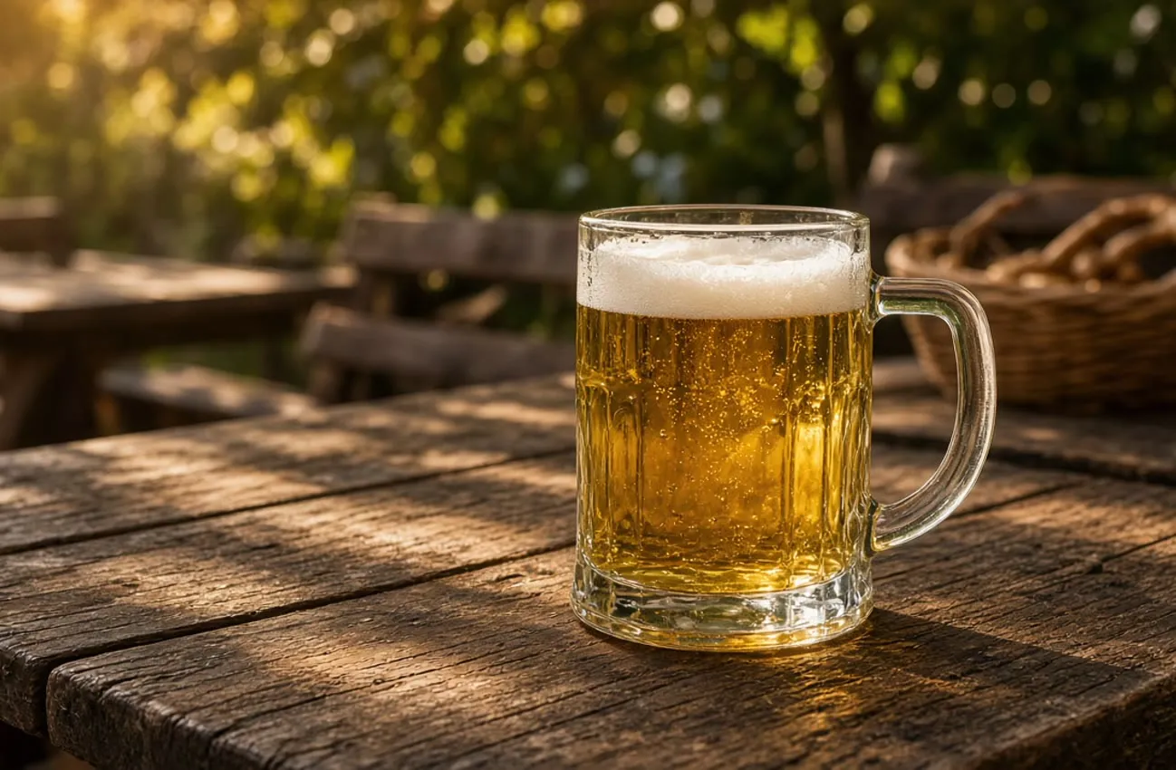 Glasig Maßkrug med lager på mörkt valnötsbord i utomhusölträdgård i gyllene sidoljus