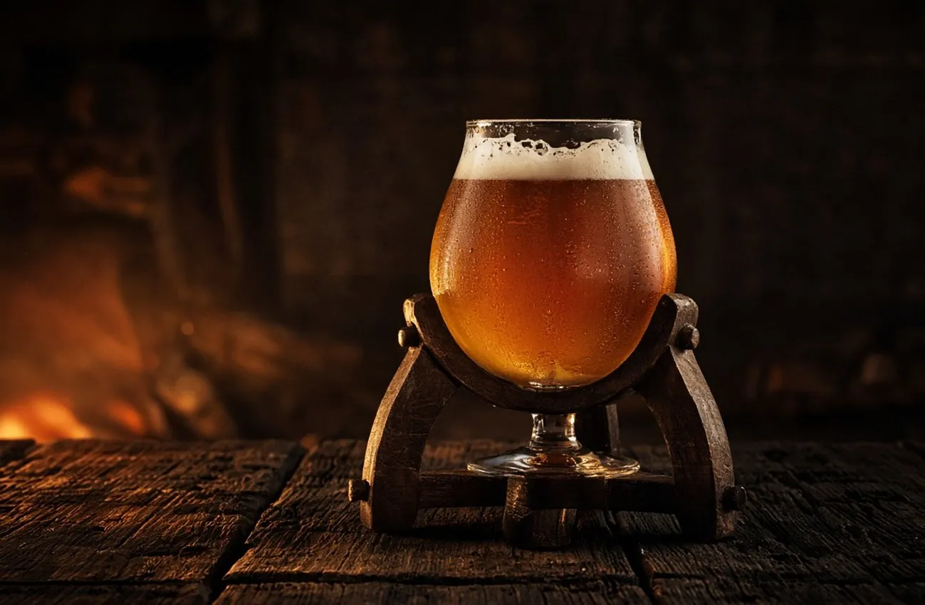Kwak-ölglas med träställ och öl på rustikt träbord