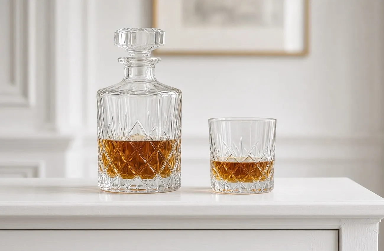 Kristallkaraff och tumbler med whisky på vit sidobordshylla