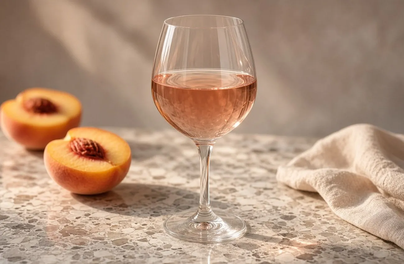Rosévin i vinglas på terrazzomarmor med persikor i varmt eftermiddagsljus