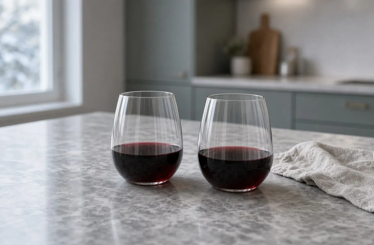 Två fotfria vinglas med rött vin på grå marmor i kallt morgonljus