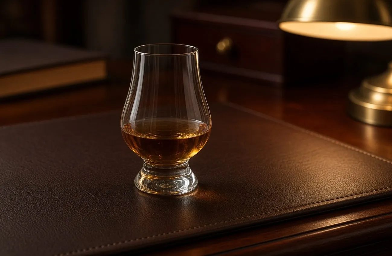 Amber whisky i tulpanformat Glencairn-whiskyglas på läderunderlägg