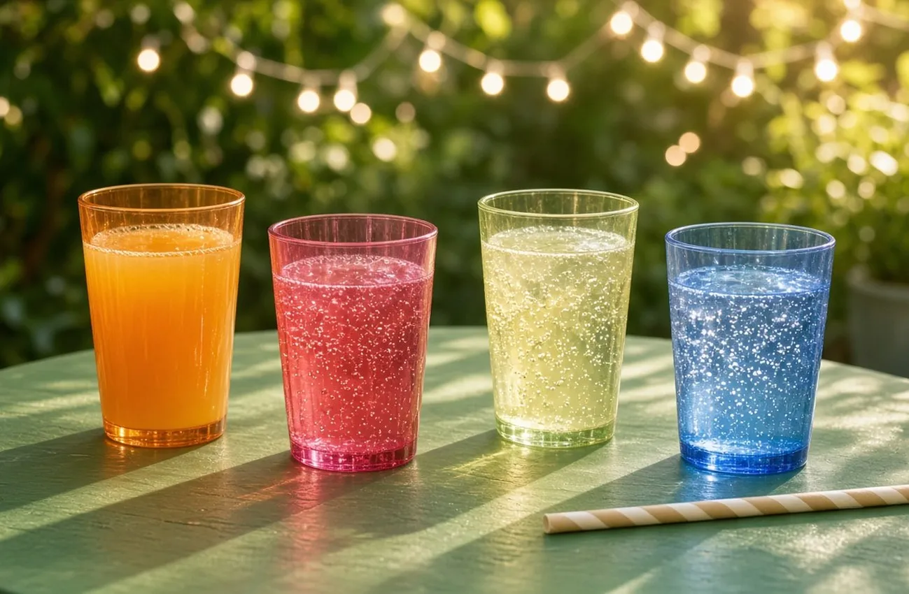 Färgade akrylglas med saft på grönmålat trädgårdsbord