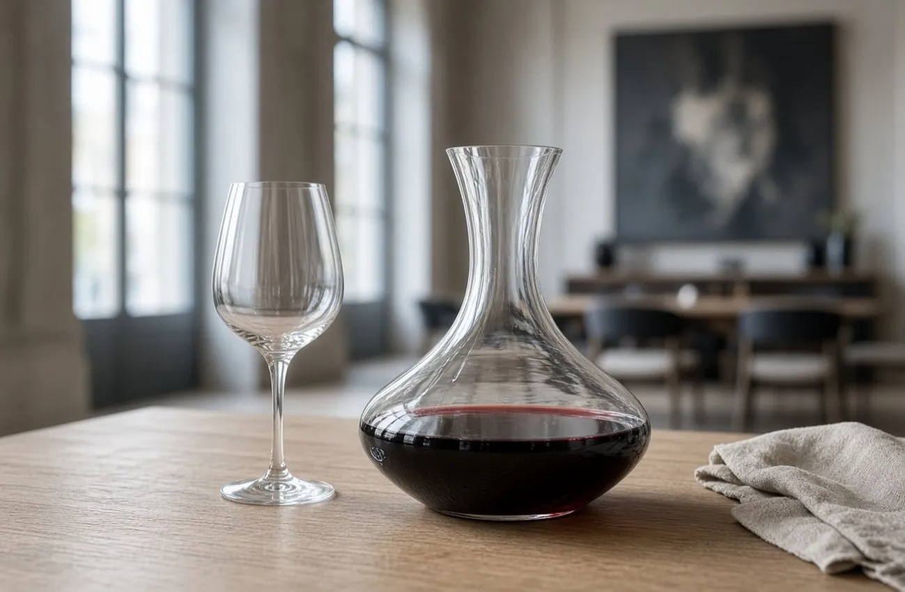 Vinkaraff med rött vin och vinglas på ljust ekbord i fönsterljus