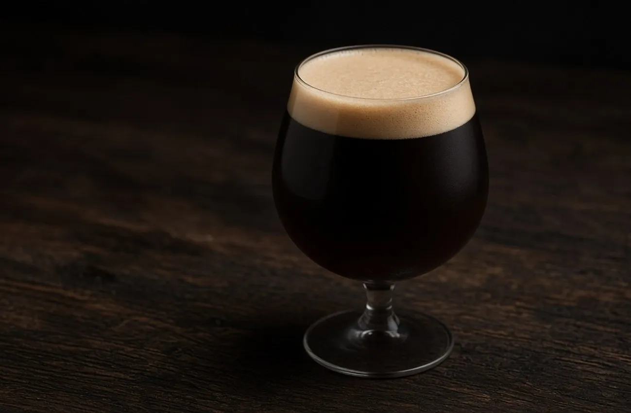 Mörk stout i kupat ölglas på mörkbetsat ekbord