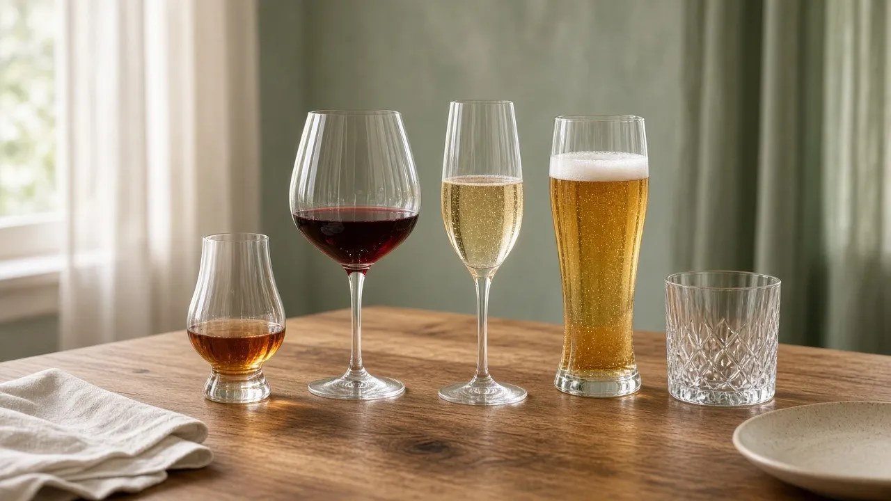 Whiskyglas, vinglas, champagneglas, ölglas och tumbler uppställda på ett ekbord